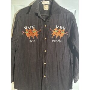 Vtg Womens Top Size Small Rein Dancin' Black Corduroy Christmas Button Down